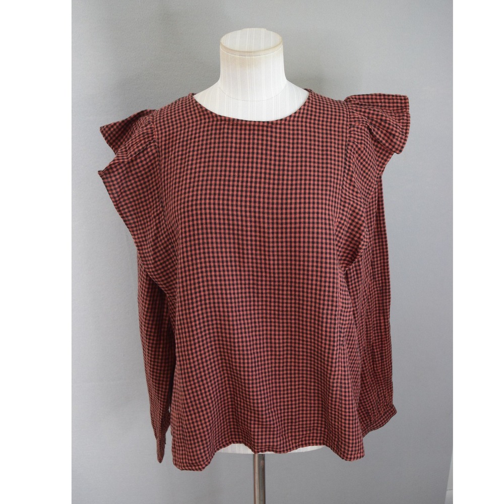 Garnet Hill Dylan Ruffle Shirt Large Red Black Gingham Ruffle Organic Cotton
